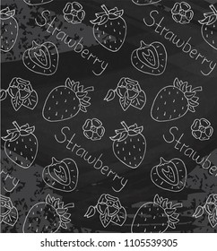 Juicy sweet summer pattern with ripe strawberries on chalkboard background