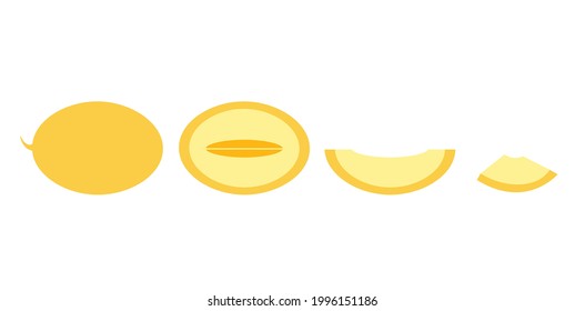 Juicy sweet yellow melon, whole, half, cut, slices.  Sweet as honey.  Fruit season, vitamins.  Isolated image, logo, poster, flat vector illustration