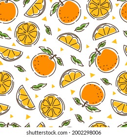 Juicy tangerine seamless pattern. Slices and leaves of tangerine. Geometry. Abstract hand-drawn background.