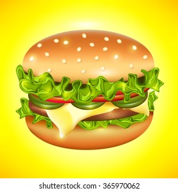 Juicy tasty and hot burger with sesame, fresh lettuce, juicy tomatoes, pickled cucumbers and beef cutlet. It can be used in advertising, brochures, menu, cafe, bar and restaurant of burgers.