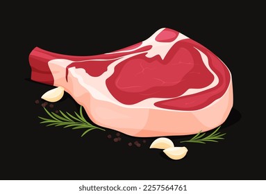 Juckes, leckeres Steak auf schwarzem Hintergrund. Frisches Fleisch. Zubereitung der Fleischspeise. Vektorgrafik