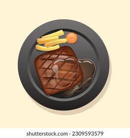 Juicy tasty steak on a black plate vector illustration
