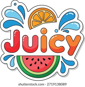 Juicy text with watermelon and orange fruit slices vector sticker for summer drinks.