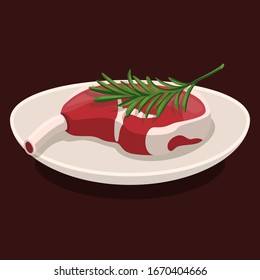Juicy tomahawk with a side dish on a white plate and rosemary on top. Delicious delicious delicacy juicy meat. Delicious fresh veal for your favorite recipe. Cartoon flat illustration