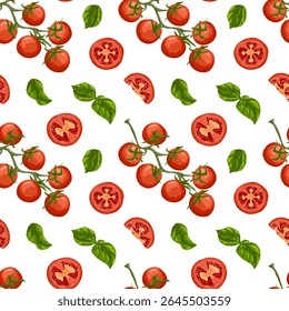 Juicy tomato and basil seamless pattern. Vector food illustration with ripe slices and herbs for kitchen textiles, menus, wrapping paper, packaging isolated on white background