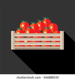 Juicy Tomato. Fresh vegetables in wooden crate. Flat style vector illustration.