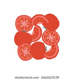 Saftige Tomate nahtloses Muster mit Scheiben und ganze Tomaten