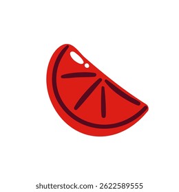 Juicy tomato slice with bold red color and visible inner segments in flat cartoon style. Great for food labels, pizza toppings, or cooking apps. Vector illustration.