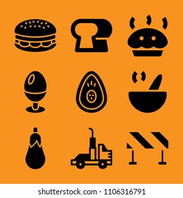 juicy, tourism, cook, snacks, peel and fastfood icon vector set. Flat vector design with filled icons. Designed for web and software interfaces