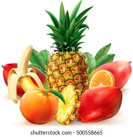 Juicy Tropical Fruit With Leaves And Slices. Vector Illustration