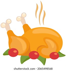 A juicy turkey dinner for Thanksgiving. Banner, poster, flyer. Roasted chicken or turkey baked with fruits and herbs, ready for Thanksgiving. Isolated vector design. Cartoon flat style close-up.
