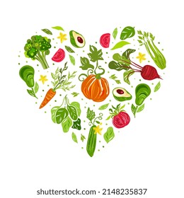 Juicy Vegetables Hand Drawn Heart Composition with Raw Seasonal Nutrition Vector Template