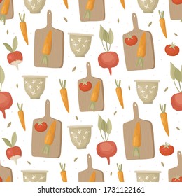 Juicy vegetables on a vintage wooden board. Carrots, beetroot, radish and tomatoes. Kitchen utensils, a bowl of tomatoes. Cooking, vegetable dishes. Vector seamless pattern, abstract background 