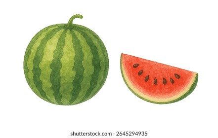 Aquarela suculenta com casca verde rica e fatia vermelha vibrante que se rompe com frescura, doçura e charme de verão. Ideal para projetos sazonais, arte gastronômica ou projetos de vida saudável.