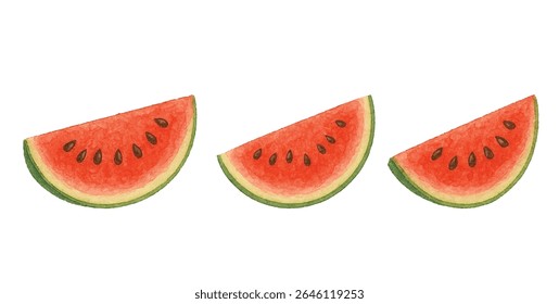 Juicy watercolor with rich green rind and vibrant red slice bursting with freshness, sweetness, and summer charm. Ideal for seasonal designs, food art, or healthy living projects.