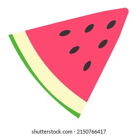 Juicy watermelon product, fruit slice with seeds and juicy flesh. Fresh summer ripe berry for dieting and nourishment. Tasty meal exotic food with vitamins and antioxidants. Vector in flat style