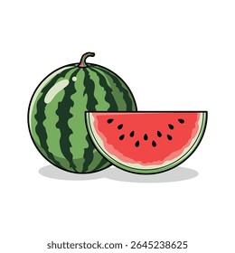 Melancia suculenta com polpa vermelha e sementes pretas, vista inteira e dividida - Ilustração vetorial