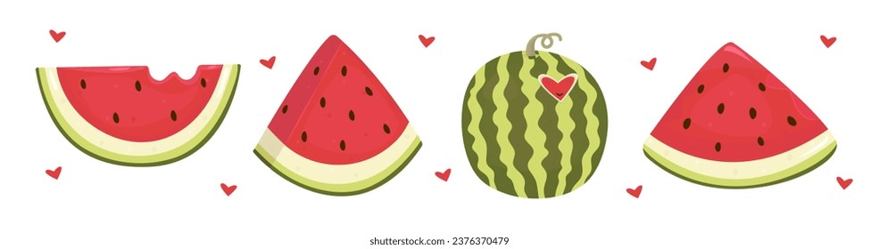 Juicy watermelon set, colorful vector illustrations in green and red colors