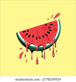 Juicy watermelon slice dripping juice on yellow background with pop art summer fruit watermelon