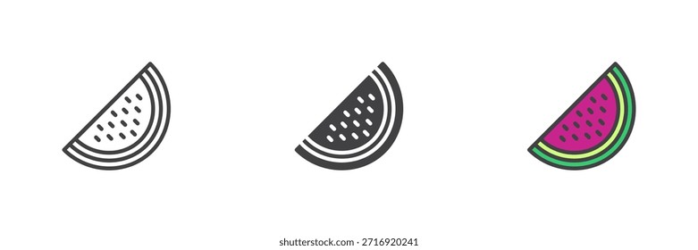 Icono de rebanada de sandía jugosa en línea, estilo colorido de contorno sólido y lleno. Icono de sandía dos veces como signo de Vector, símbolo, paquete de frutas de color.
