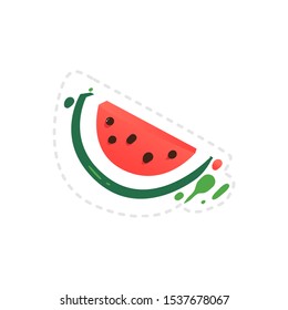 Juicy watermelon slice sticker flat vector illustration isolated on white background. Summer fresh food, sweet tasty fruit dessert icon for textile prints and t-shirts.