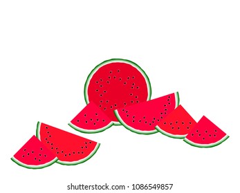 Juicy watermelon slice vector print illustration. Organic food element for summer diet. Simple red and green water melon fruit. Vector dessert nutrition watermelon berry with black seeds.