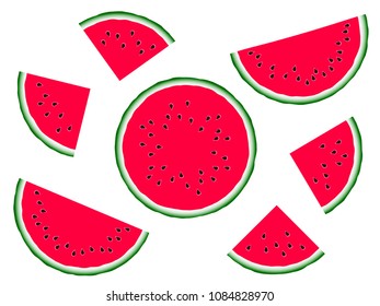 Juicy watermelon slices with black seeds vector print illustrations set. Vitamin food element for summer diet. Colorful red and green water melon fruit. Vector dessert nutrition watermelon berry.