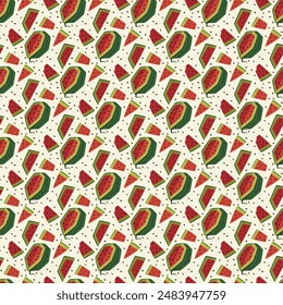 Juicy watermelon slices. Refreshing berries and fruits. Natural ornament. Red and green colors. Background