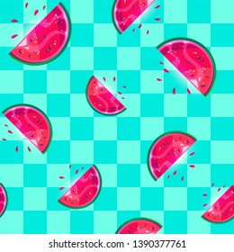 Juicy watermelon slices seamless pattern. Cute summer background for design. Vector illustration.