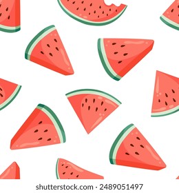 Juicy watermelon slices seamless pattern. Summer fruit flat vector illustration. Tropical fruit background for baby fabric, kids textile, packaging, wrapping, scrapbook, wallpaper. sstkbackground