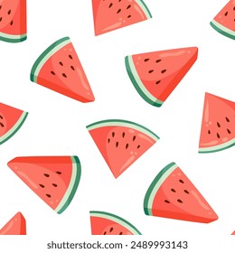 Juicy watermelon slices seamless pattern. Summer fruit flat vector illustration. Tropical fruit background for baby fabric, kids textile, packaging, wrapping, scrapbook, wallpaper. sstkbackgrounds