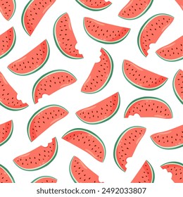 Juicy watermelon slices seamless pattern. Summer fruit flat vector illustration. Tropical fruit background for baby fabric, kids textile, packaging, wrapping, scrapbook, wallpaper.