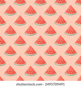 Juicy watermelon slices seamless pattern. Summer fruit flat vector illustration. Tropical fruit background for baby fabric, kids textile, packaging, wrapping, scrapbook, wallpaper.