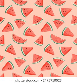 Juicy watermelon slices seamless pattern. Summer fruit flat vector illustration. Tropical fruit background for baby fabric, kids textile, packaging, wrapping, scrapbook, wallpaper.