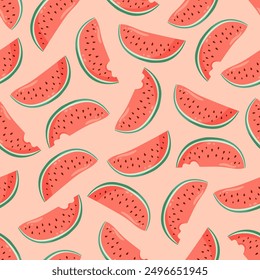 Juicy watermelon slices seamless pattern. Summer fruit flat vector illustration. Tropical fruit background for baby fabric, kids textile, packaging, wrapping, scrapbook, wallpaper.