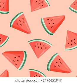 Juicy watermelon slices seamless pattern. Summer fruit flat vector illustration. Tropical fruit background for baby fabric, kids textile, packaging, wrapping, scrapbook, wallpaper.