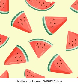 Juicy watermelon slices seamless pattern. Summer fruit flat vector illustration. Tropical fruit background for baby fabric, kids textile, packaging, wrapping, scrapbook, wallpaper.  sstkbackgrounds