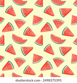 Juicy watermelon slices seamless pattern. Summer fruit flat vector illustration. Tropical fruit background for baby fabric, kids textile, packaging, wrapping, scrapbook, wallpaper.