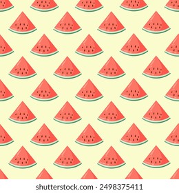 Juicy watermelon slices seamless pattern. Summer fruit flat vector illustration. Tropical fruit background for baby fabric, kids textile, packaging, wrapping, scrapbook, wallpaper.