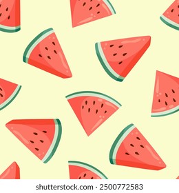 Juicy watermelon slices seamless pattern. Summer fruit flat vector illustration. Tropical fruit background for baby fabric, kids textile, packaging, wrapping, scrapbook, wallpaper.