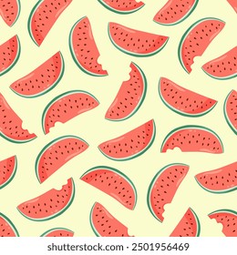 Juicy watermelon slices seamless pattern. Summer fruit flat vector illustration. Tropical fruit background for baby fabric, kids textile, packaging, wrapping, scrapbook, wallpaper.