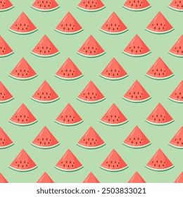 Juicy watermelon slices seamless pattern. Summer fruit flat vector illustration. Tropical fruit background for baby fabric, kids textile, packaging, wrapping, scrapbook, wallpaper.