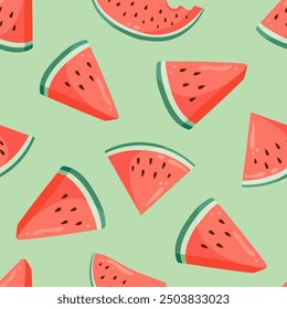 Juicy watermelon slices seamless pattern. Summer fruit flat vector illustration. Tropical fruit background for baby fabric, kids textile, packaging, wrapping, scrapbook, wallpaper.  sstkbackgrounds