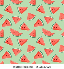 Juicy watermelon slices seamless pattern. Summer fruit flat vector illustration. Tropical fruit background for baby fabric, kids textile, packaging, wrapping, scrapbook, wallpaper.