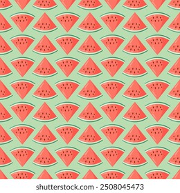 Juicy watermelon slices seamless pattern. Summer fruit flat vector illustration. Tropical fruit background for baby fabric, kids textile, packaging, wrapping, scrapbook, wallpaper.