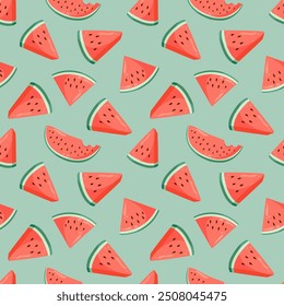 Juicy watermelon slices seamless pattern. Summer fruit flat vector illustration. Tropical fruit background for baby fabric, kids textile, packaging, wrapping, scrapbook, wallpaper.