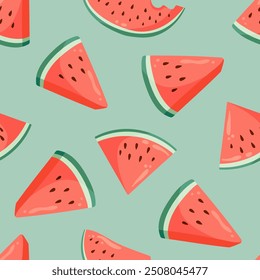 Juicy watermelon slices seamless pattern. Summer fruit flat vector illustration. Tropical fruit background for baby fabric, kids textile, packaging, wrapping, scrapbook, wallpaper.  sstkbackgrounds