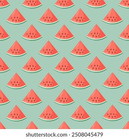 Juicy watermelon slices seamless pattern. Summer fruit flat vector illustration. Tropical fruit background for baby fabric, kids textile, packaging, wrapping, scrapbook, wallpaper.