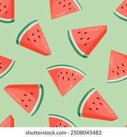 Juicy watermelon slices seamless pattern. Summer fruit flat vector illustration. Tropical fruit background for baby fabric, kids textile, packaging, wrapping, scrapbook, wallpaper.