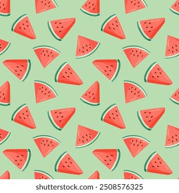 Juicy watermelon slices seamless pattern. Summer fruit flat vector illustration. Tropical fruit background for baby fabric, kids textile, packaging, wrapping, scrapbook, wallpaper.